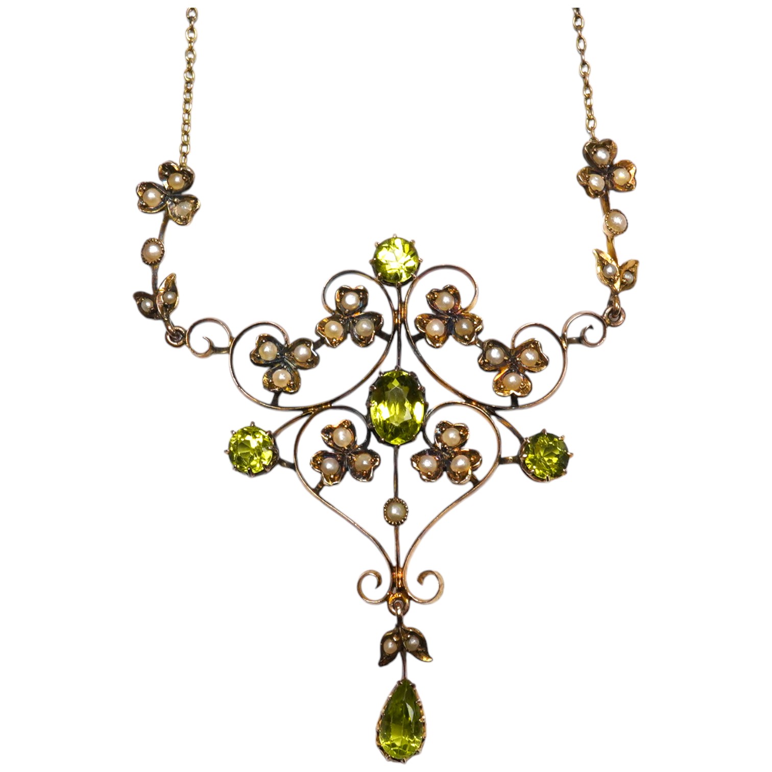 A late Victorian 9ct, peridot and seed pearl cluster set drop pendant necklace, 50cm, gross weight 5.7 grams. Condition - fair to good